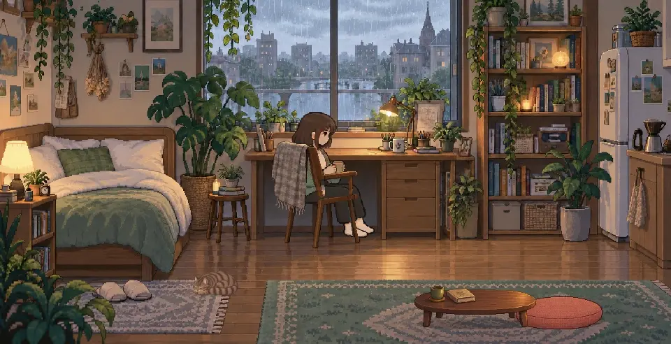 雨の窓とあたたかな灯りの部屋で、お茶を飲んで過ごす人物